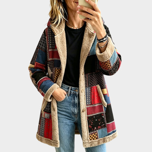 Women’s Fleece Lined Coat Hooded Patchwork Sherpa Trim