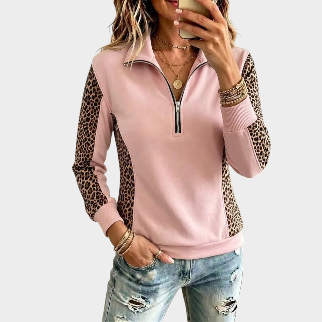 Women’s Quarter Zip Sweater Leopard Print  Vintage Style