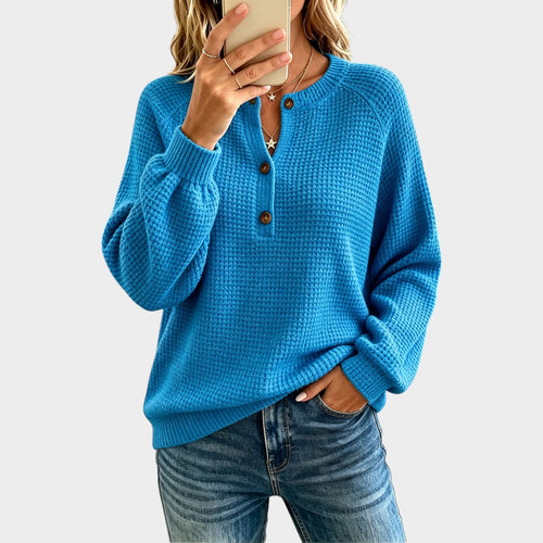Women’s Waffle Knit Sweater Henley V Neck Long Sleeve
