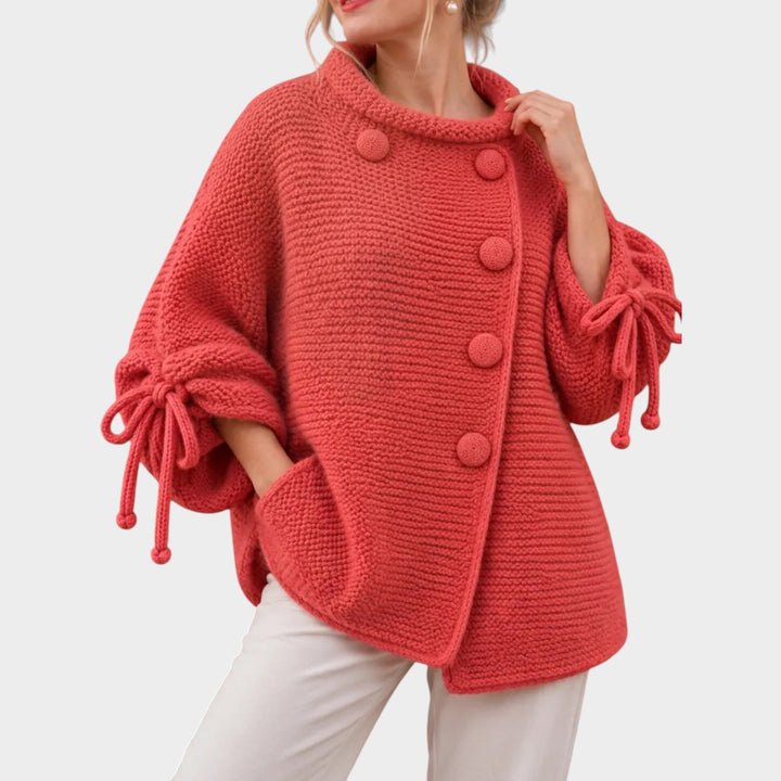 Women’s Chunky Knit Cardigan Asymmetric Button Lantern Sleeve