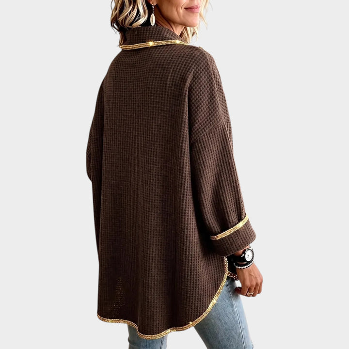 Women’s Waffle Knit Poncho Asymmetric Gold Trim