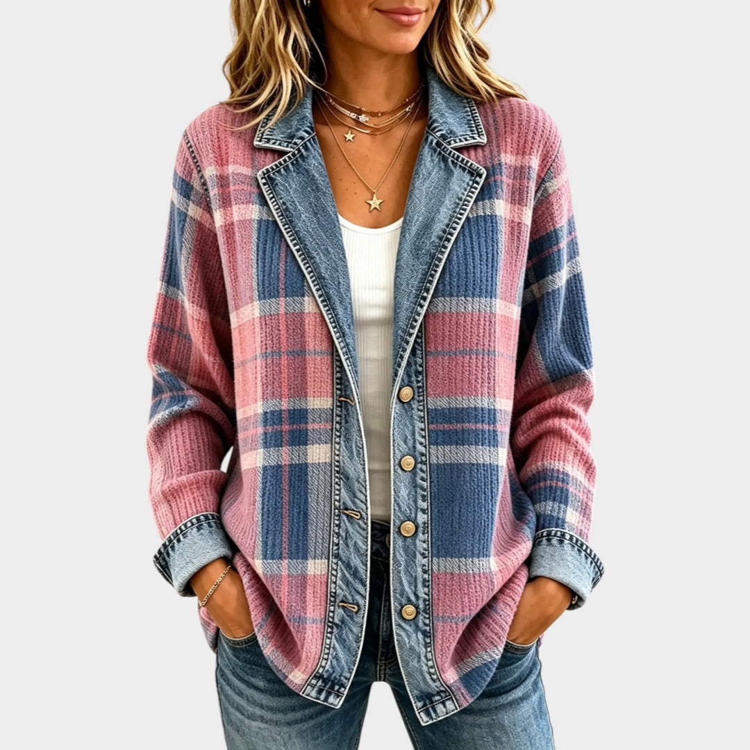 Women’s Denim Jacket Plaid Patchwork Button Front