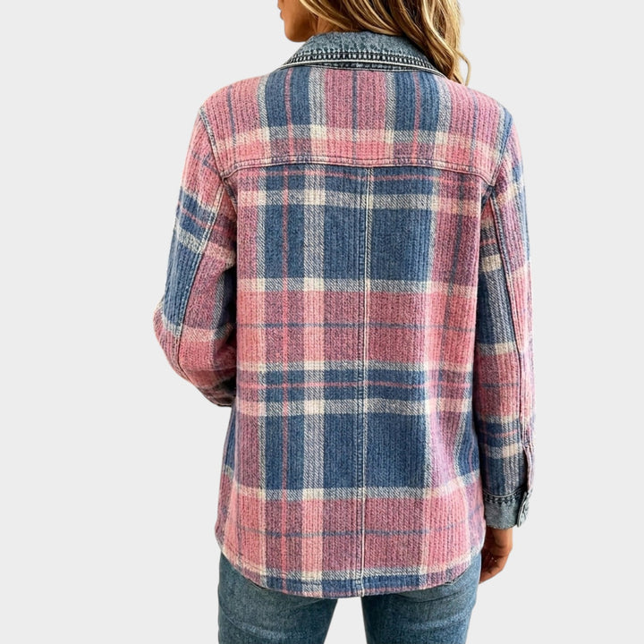 Women’s Denim Jacket Plaid Patchwork Button Front