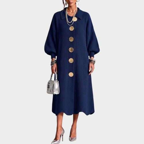 Women's Knit Dress Metal Buckle Lapel Collar Long Sleeve