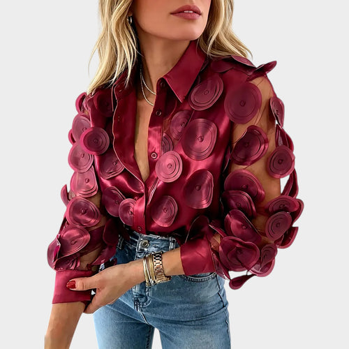 Women’s Sheer Embroidered Blouse Elegant Long Sleeve