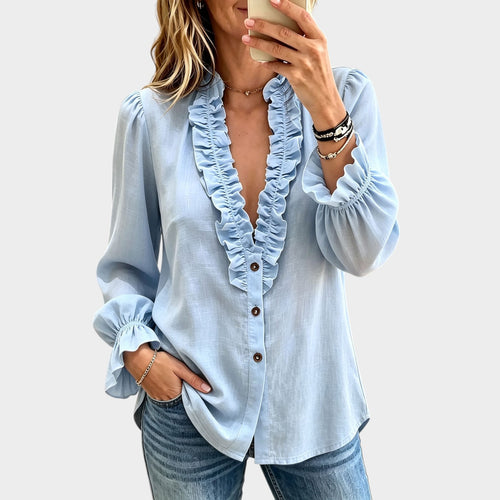 Women’s Ruffle Top V Neck Button Front Puff Sleeve
