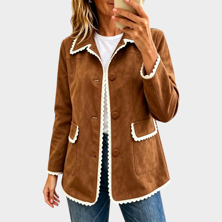 Women’s Suede Jacket Scalloped Lace Trim
