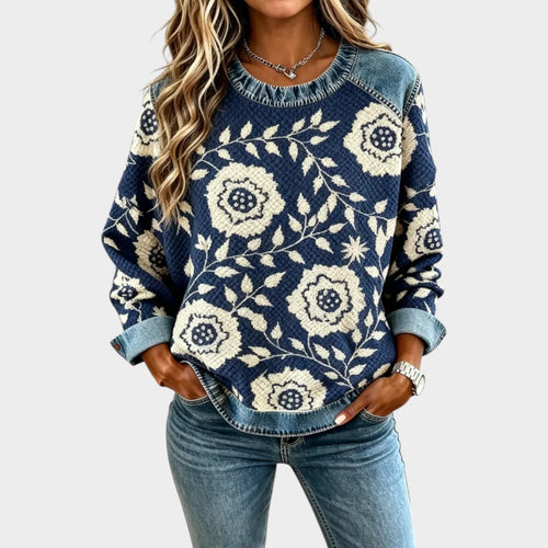 Women’s Knit Sweater Floral Print Denim Patchwork