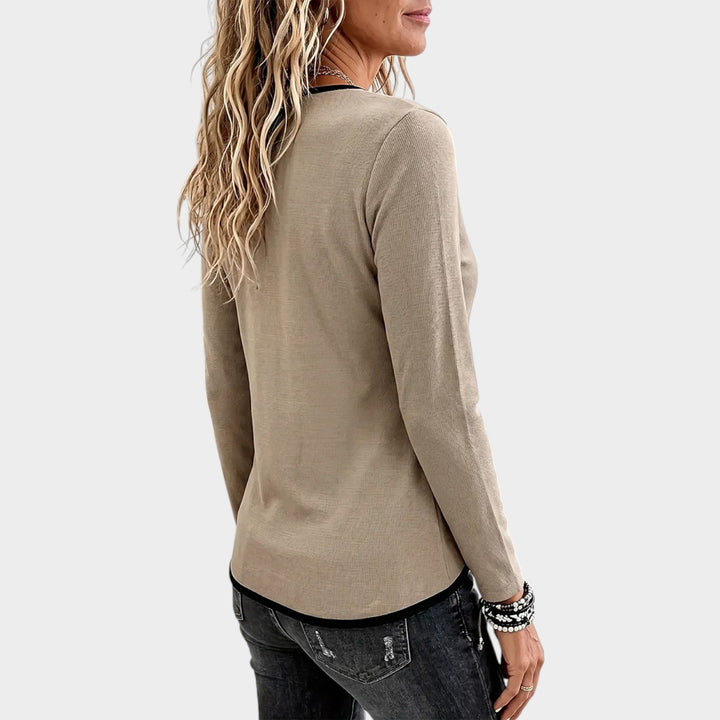 Women’s V Neck Top Color Block Crossover Hem