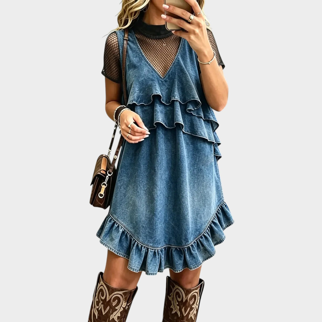Women’s Western Denim Dress V Neck Ruffle Midi