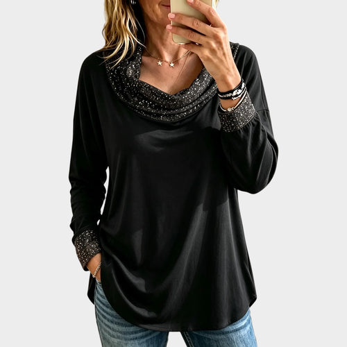 Women’s Cowl Neck Top Glitter Trim Draped