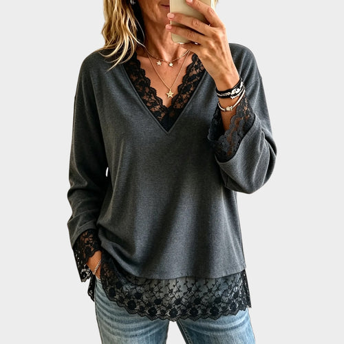 Women’s V Neck Top Eyelash Lace Trim Pullover