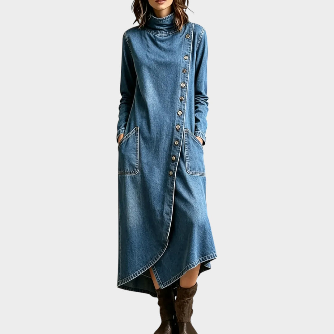 Women’s Denim Midi Dress Asymmetrical Hem Turtleneck
