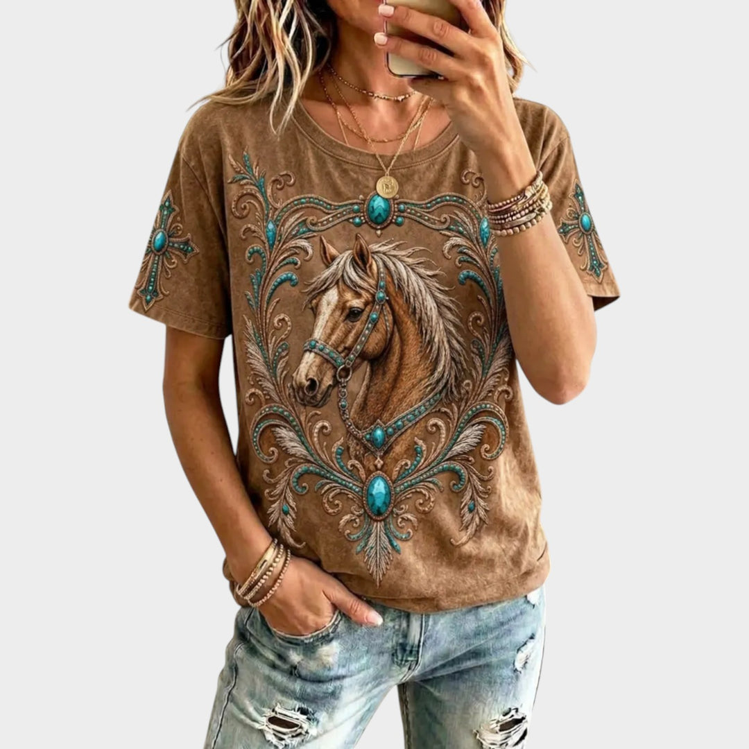 Women’s T-Shirt Western Horse Print Short Sleeve