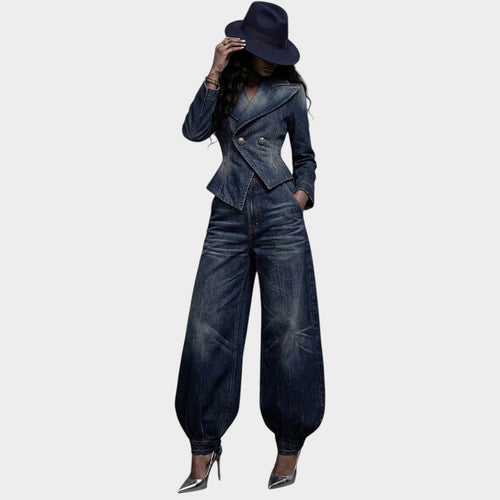Women’s Denim Two Piece Set Cropped Blazer Balloon Pants