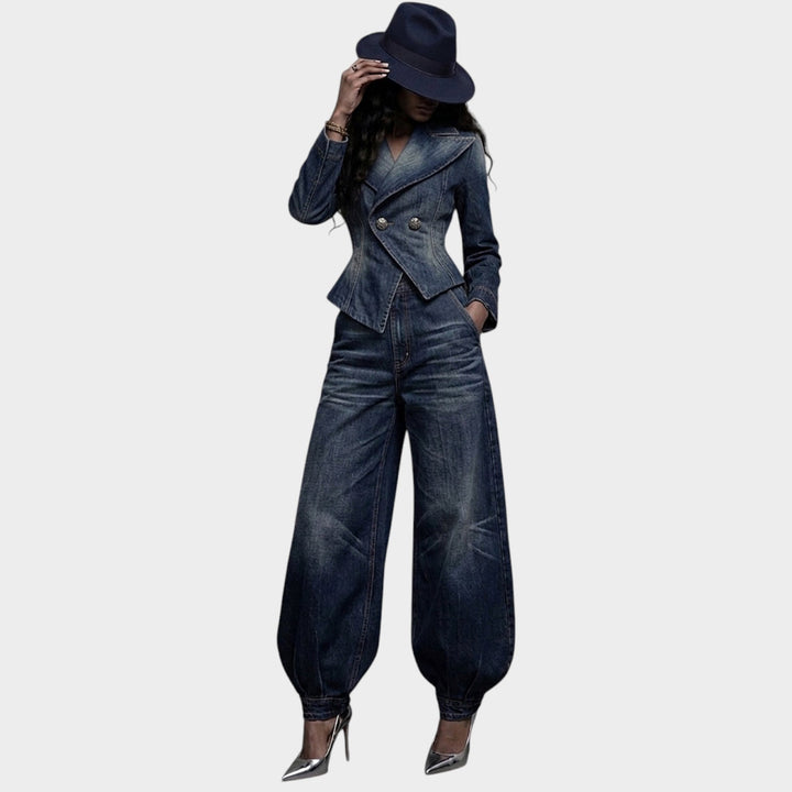 Women’s Denim Two Piece Set Cropped Blazer Balloon Pants