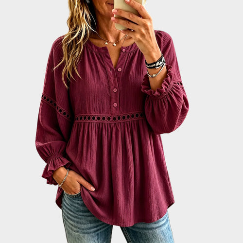 Women’s Henley Top Ruffle Cuff Crochet Trim