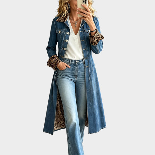 Women’s Longline Denim Coat Leopard Print Lining