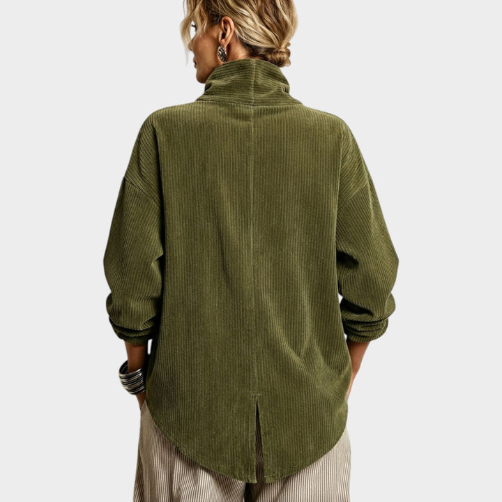 Women’s Corduroy Cardigan Top Funnel Neck Asymmetric Hem