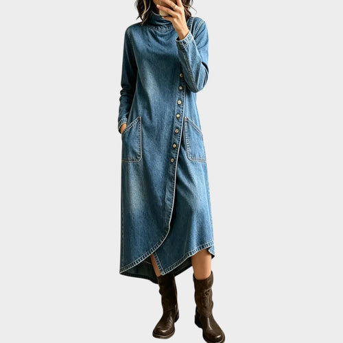 Women’s Denim Midi Dress Asymmetrical Hem Turtleneck