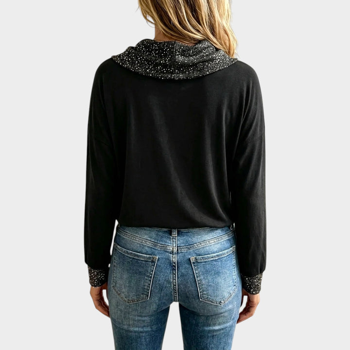 Women’s Cowl Neck Top Glitter Trim Draped