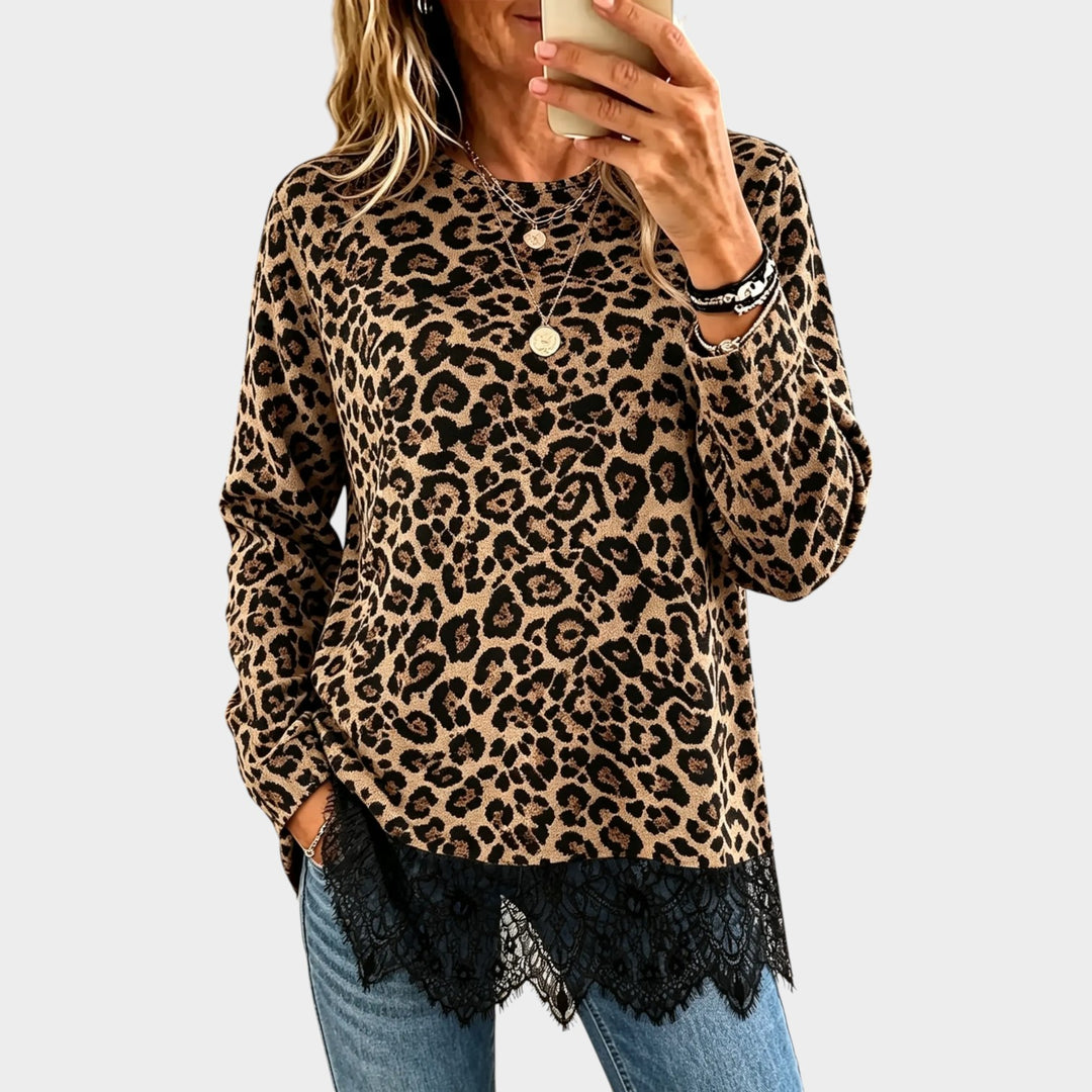 Women’s Leopard Print Sweater Eyelash Lace Trim