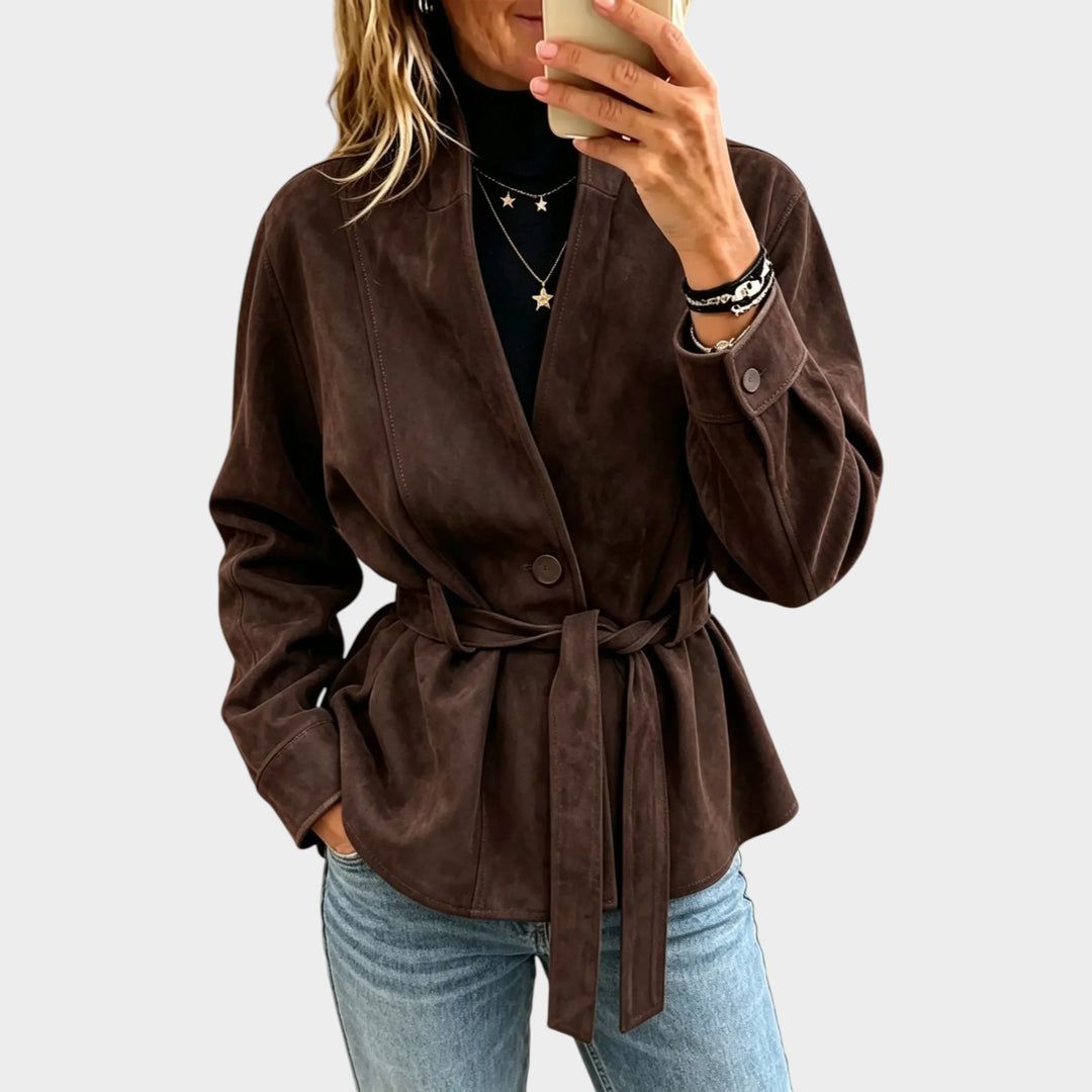 Women’s Suede Jacket Tie Belt Button Front