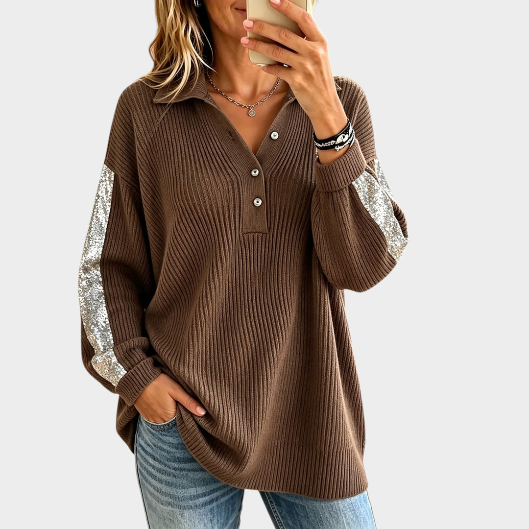 Women’s Ribbed Knit Top Rhinestone Sequin V Neck