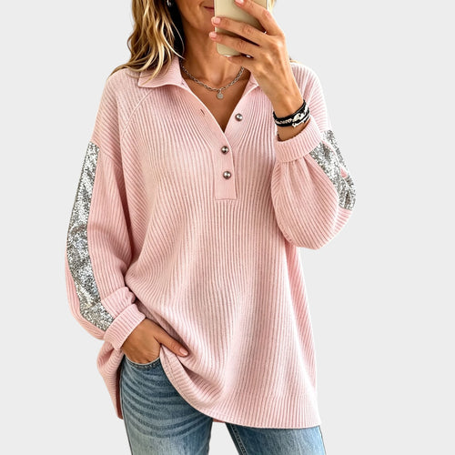 Women’s Ribbed Knit Top Rhinestone Sequin V Neck