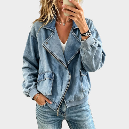 Women’s Denim Bomber Jacket Asymmetric Zip Puff Sleeve