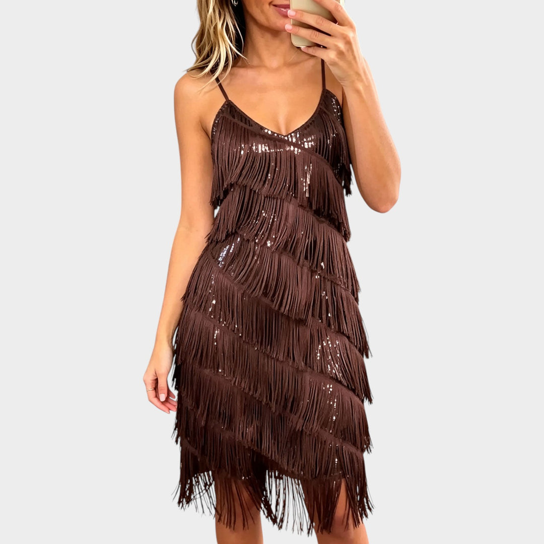 Women’s Sequin Mini Dress Fringe V Neck