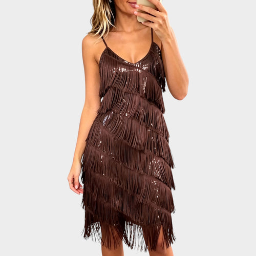 Women’s Sequin Mini Dress Fringe V Neck
