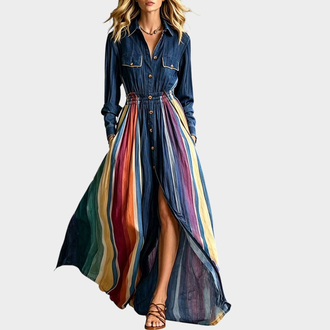 Women’s Striped Maxi Dress Button Front Shirt Style