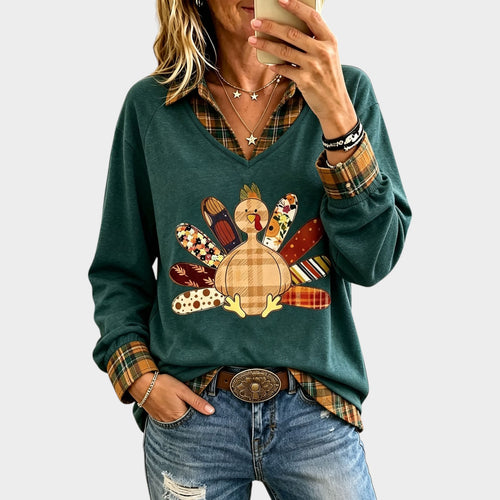 Women’s Thanksgiving Sweatshirt Turkey Print Plaid Collar