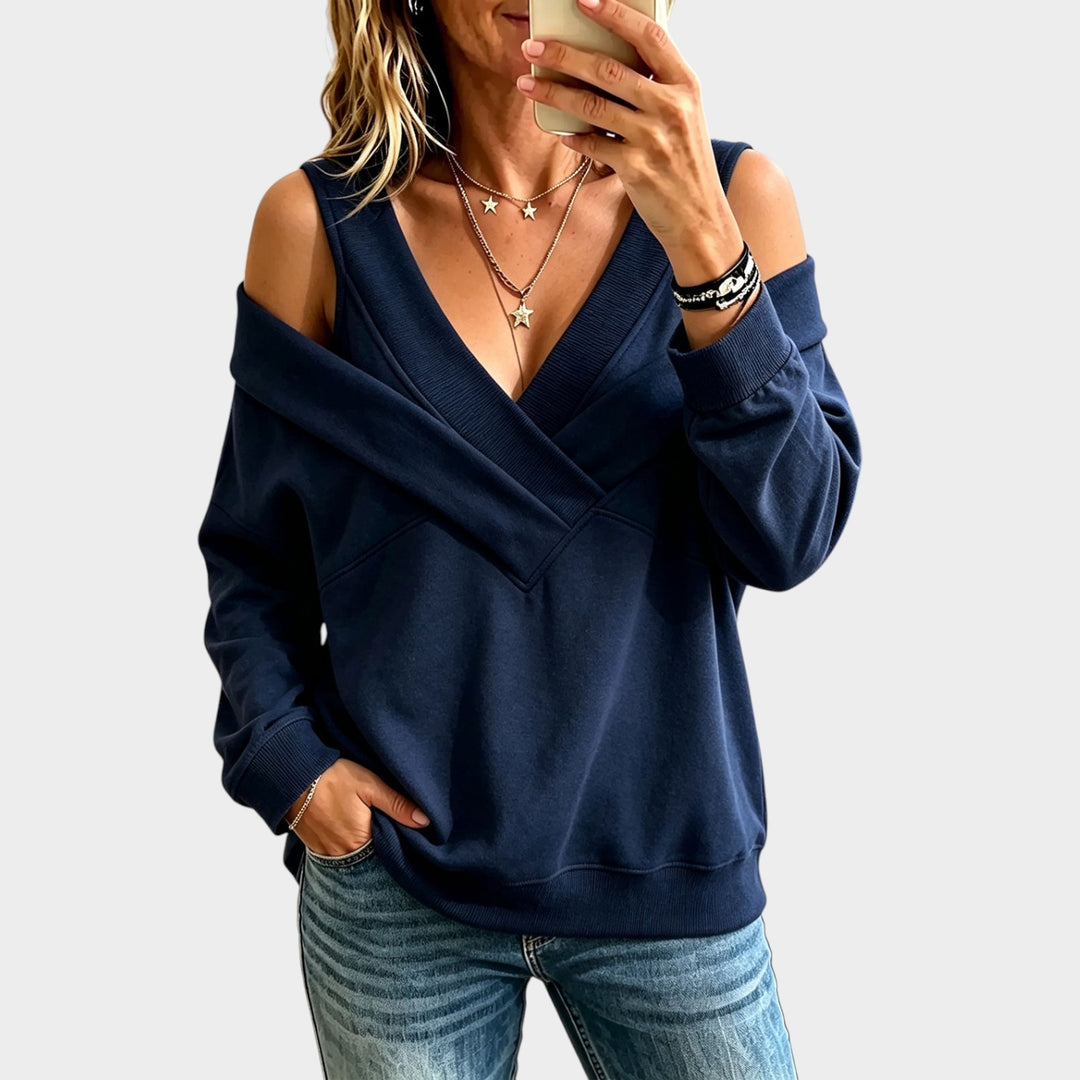 Women’s Cold Shoulder Sweatshirt Relaxed Fit V Neck