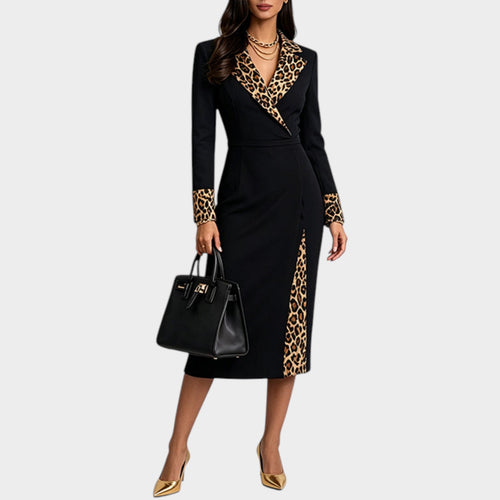 Women’s Formal Midi Dress Leopard Print Long Sleeves