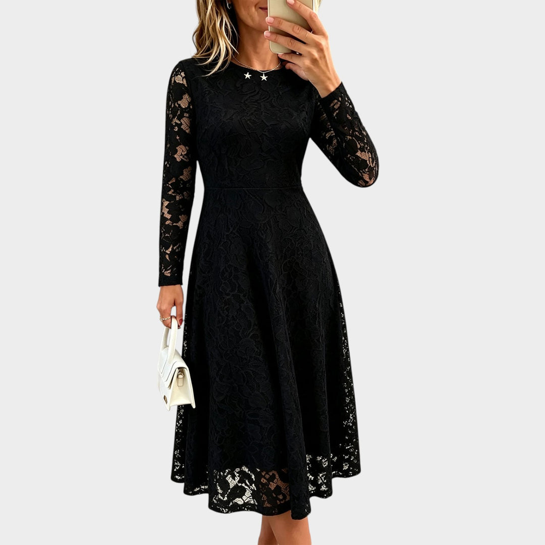 Women’s Lace Midi Dress Long Sleeve A-Line Round Neck