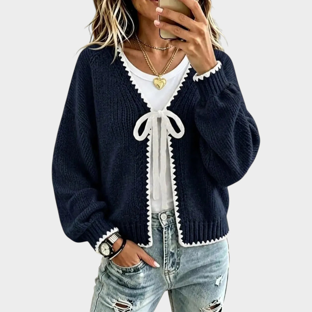 Women’s Knit Cardigan Bow Detail Contrast Trim