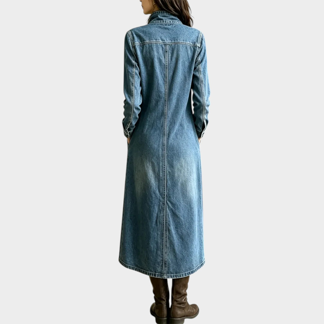 Women’s Denim Midi Dress Asymmetrical Hem Turtleneck
