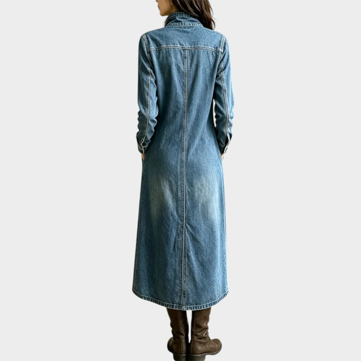 Women’s Denim Midi Dress Asymmetrical Hem Turtleneck