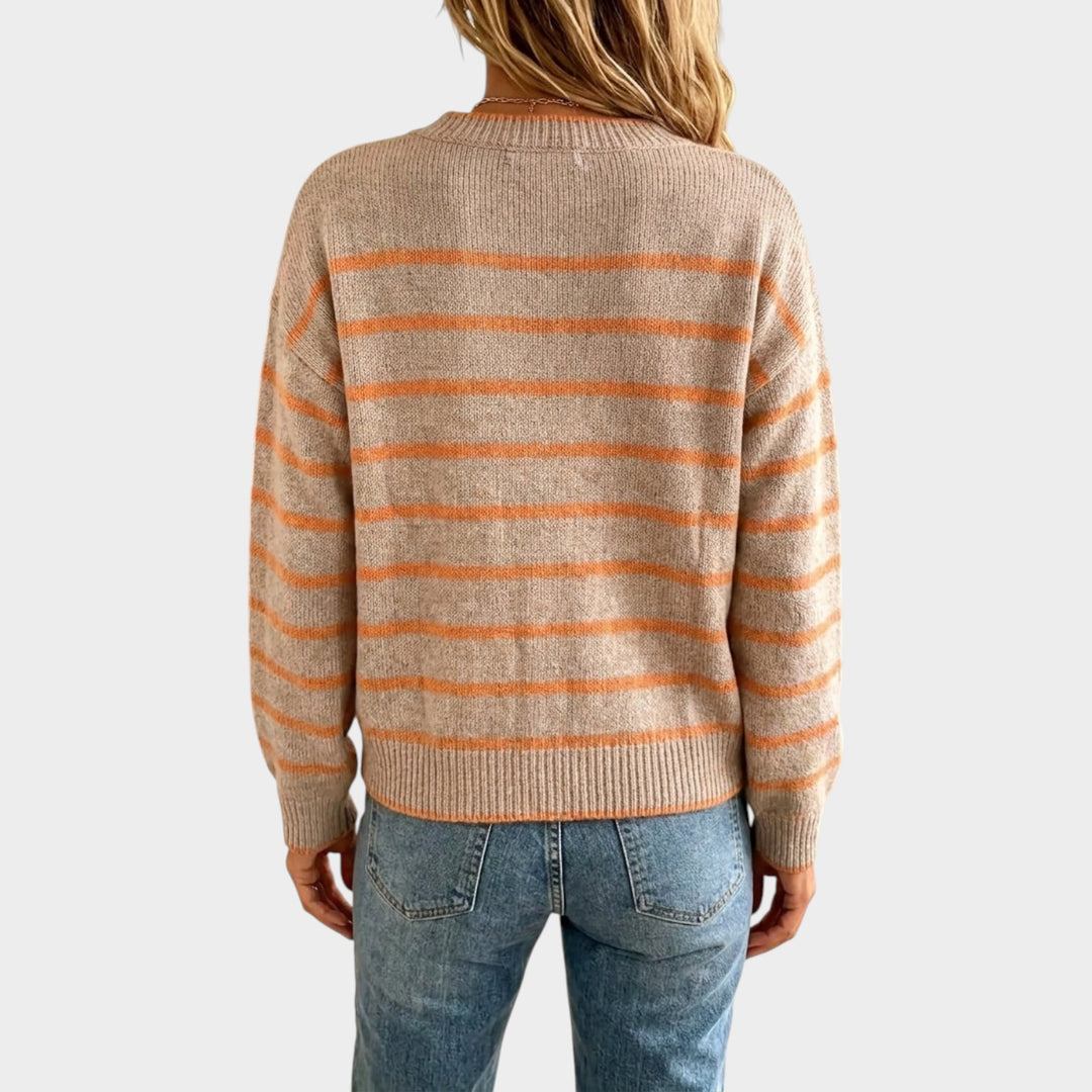 Women’s Striped Knit Cardigan Button Front Crew Neck