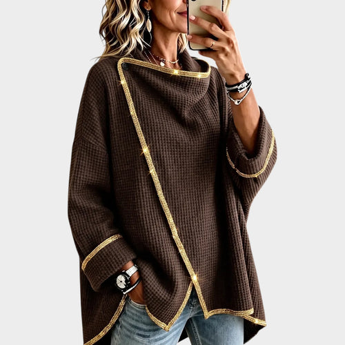 Women’s Waffle Knit Poncho Asymmetric Gold Trim