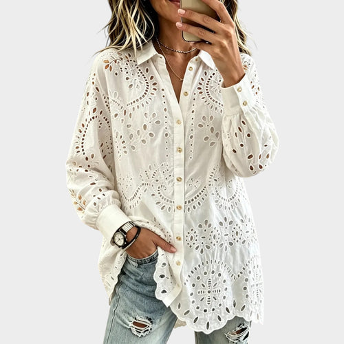 Women’s Retro Cotton Shirt Embroidery Lapel Collar