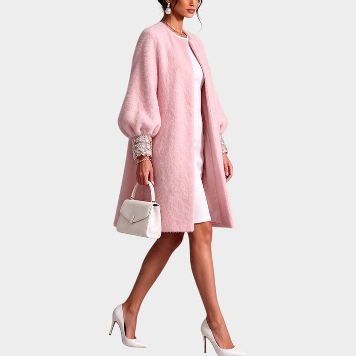 Women’s Knit Coat Open Front Balloon Sleeve Embellished Cuffs