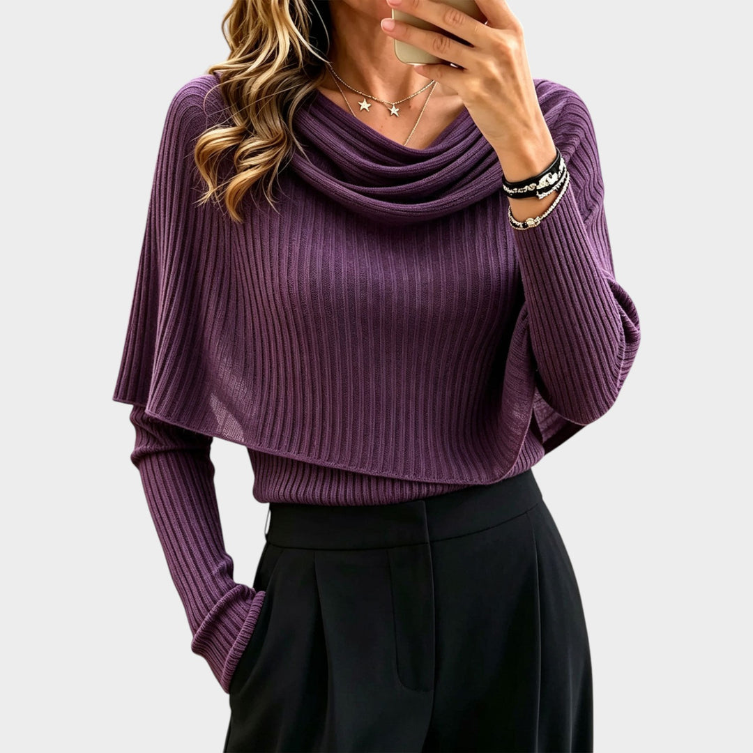 Women’s Ribbed Knit Top Draped Cowl Neck Capelet