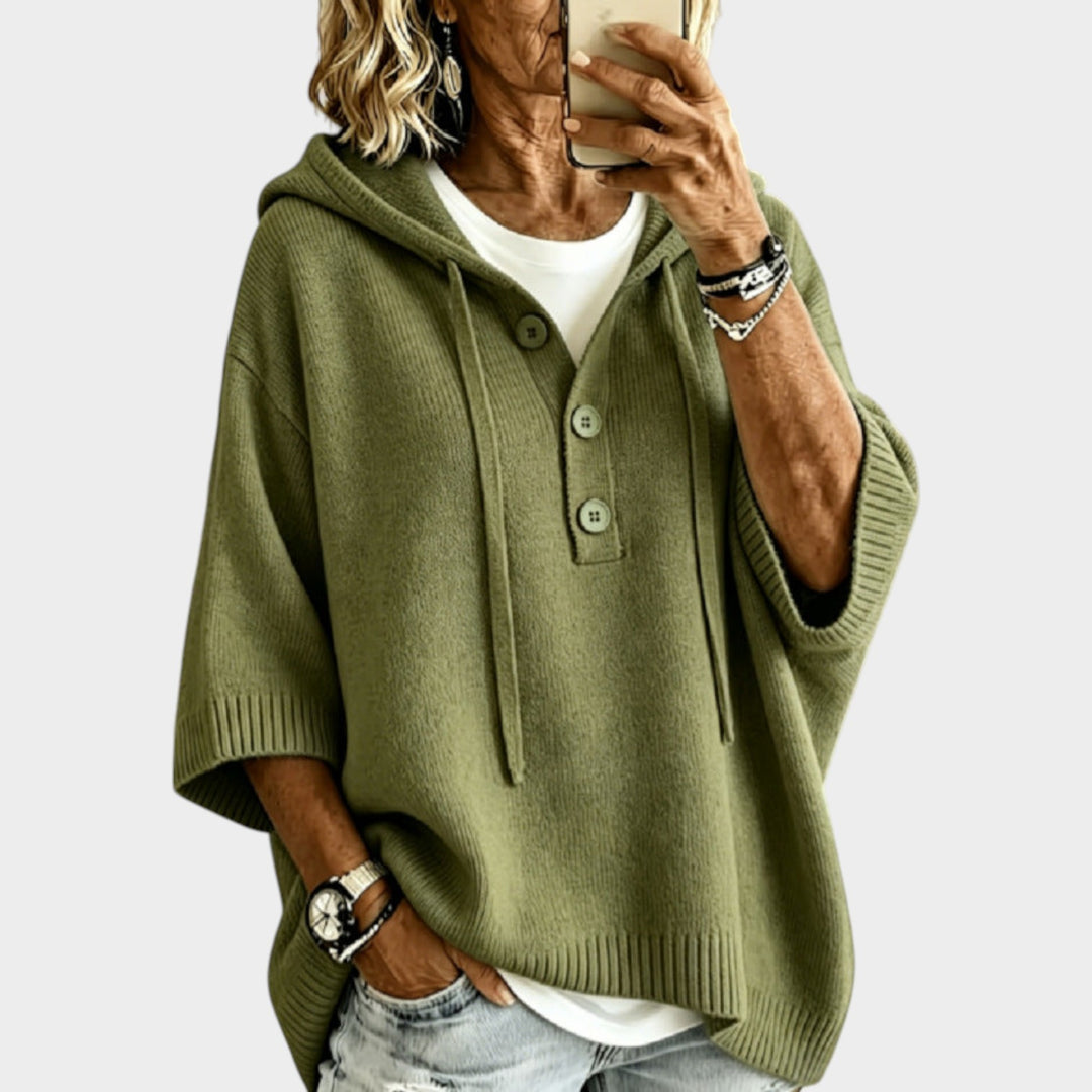 Women’s Knit Top Oversized Half Button Hooded