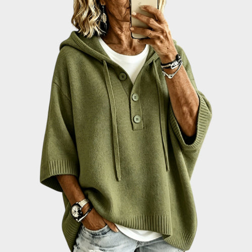 Women’s Knit Top Oversized Half Button Hooded
