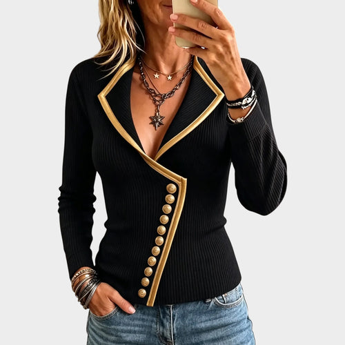 Women’s Knit Top Asymmetric Button Gold Accent