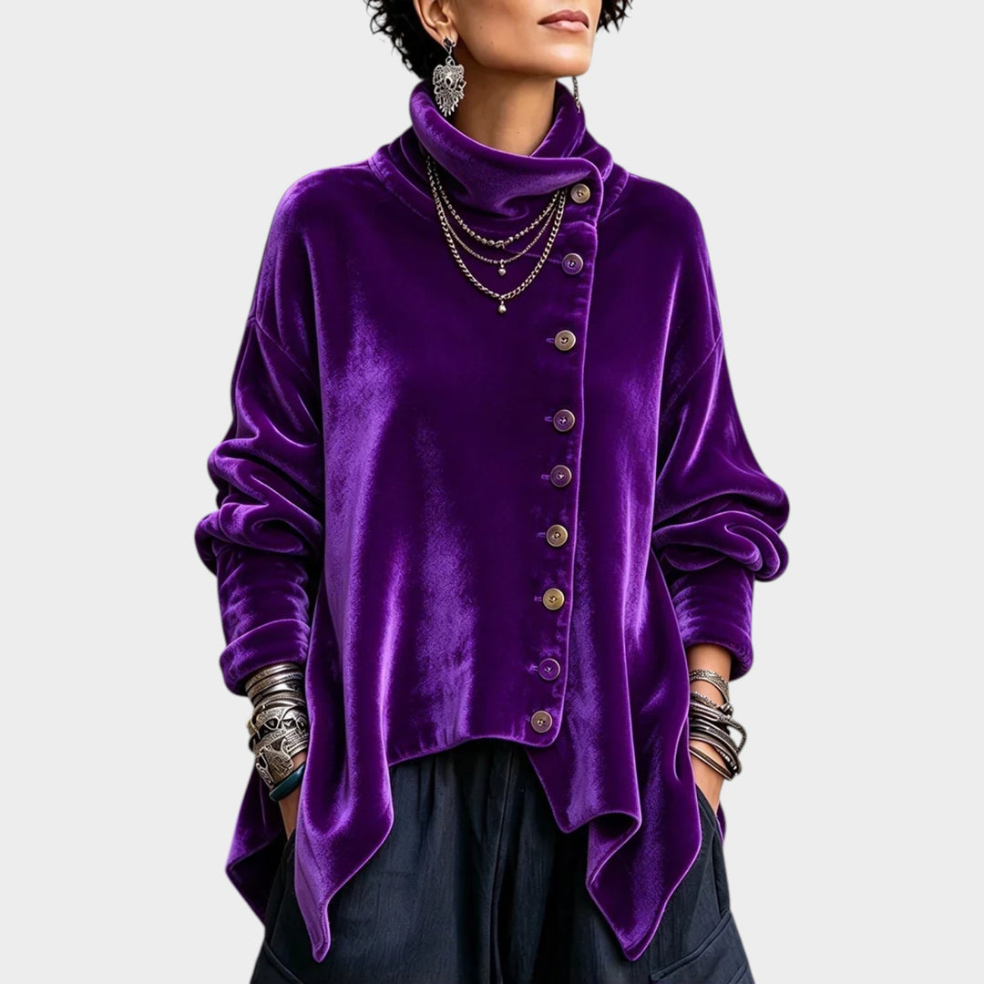 Women’s Velvet Turtleneck Top Asymmetric Button Detail