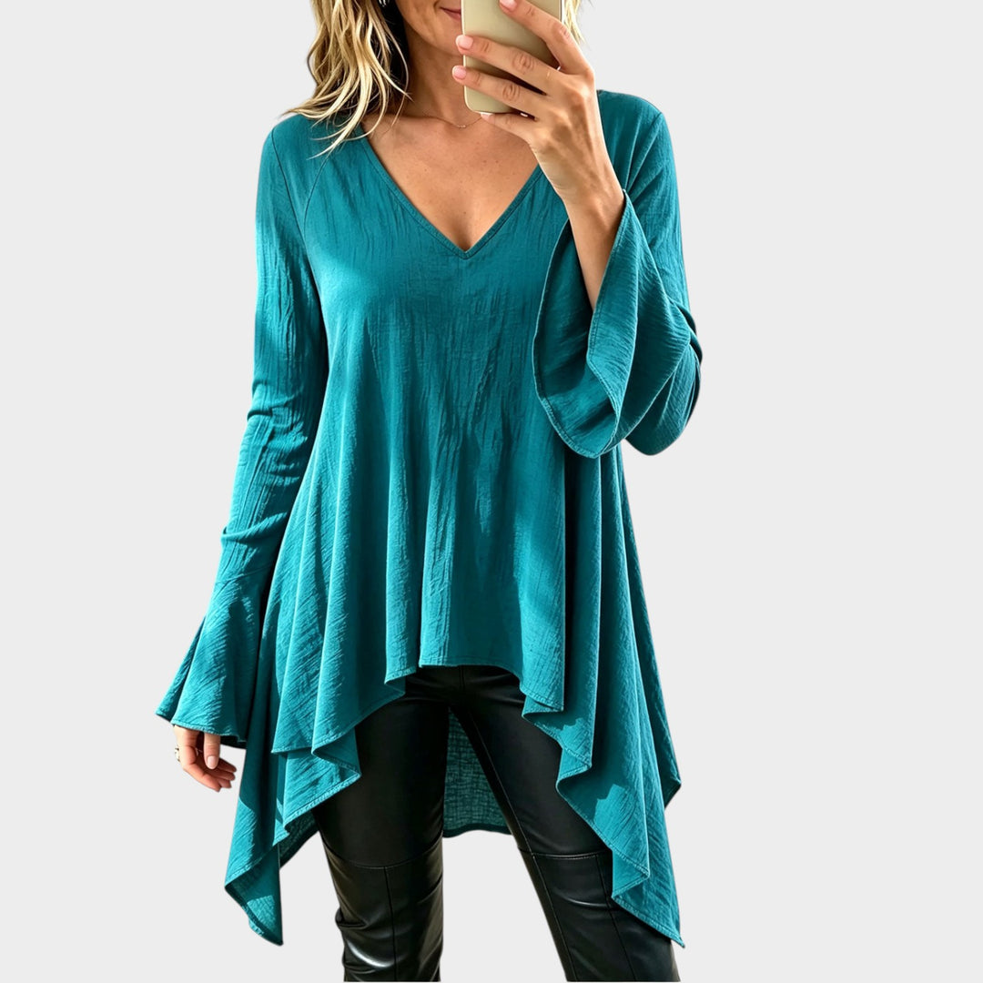 Women’s Knit Top V Neck Flared Sleeve Asymmetric Hem